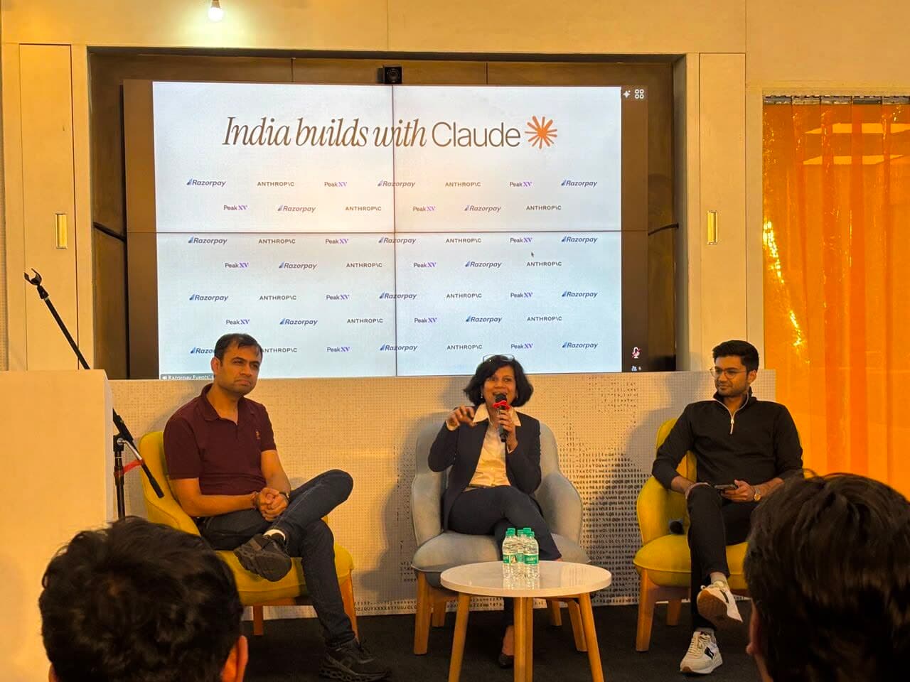 Panel discussion on stage at India Builds with Claude
